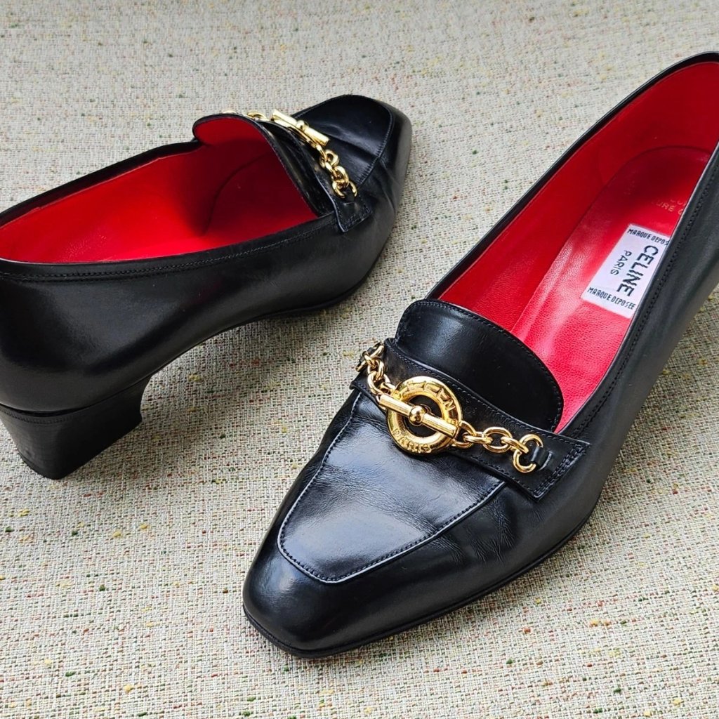 Vintage Celine Women Shoes Black Leather Heel Shoes Size 35.5 Made In Italy
